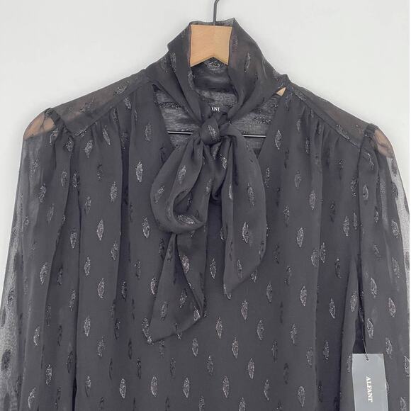 NEW Alfani Printed Sheer Sleeve Neck Tie Blouse Black Women's Size Medium - Picture 4 of 8